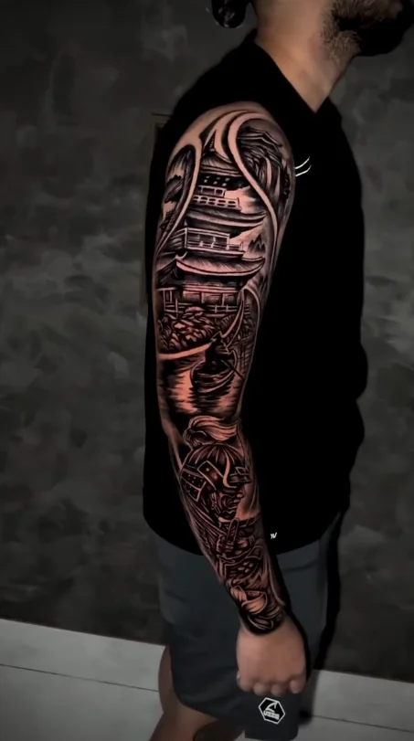 Tatuagem oriental em braço feita na Garoa Tattoo